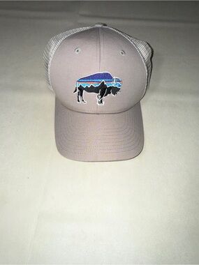 Patagonia Beige Trucker Hat with Blue Multi-Stripe Buffalo Patch